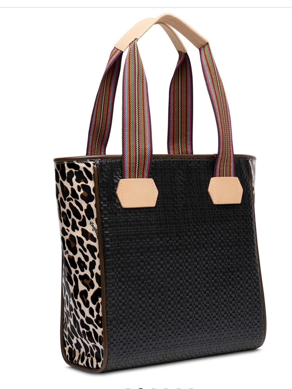 Consuela Black Woven Tote with Leopard Print Sides and Multicolor Straps